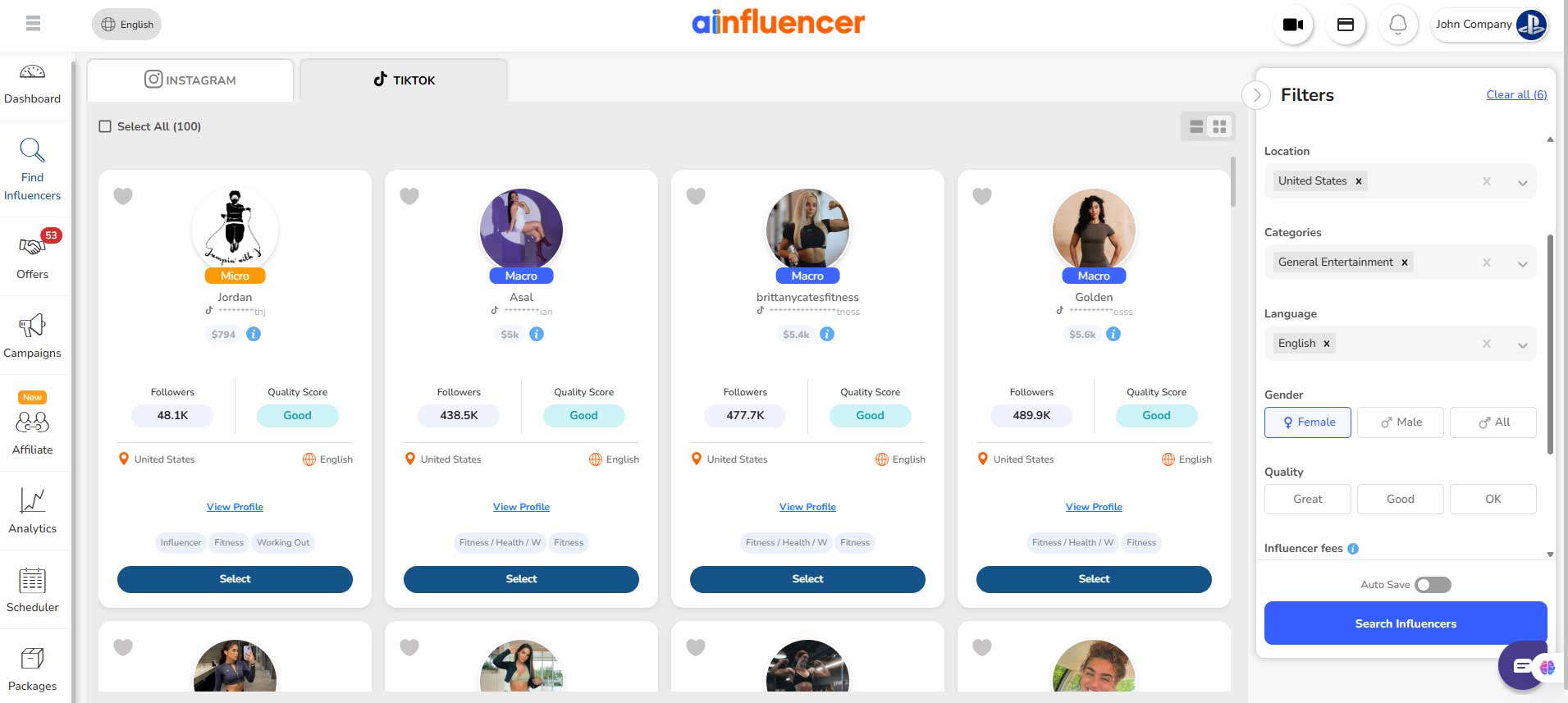 Filter by influencer's fee, gender, and location to meet strict client requirements.