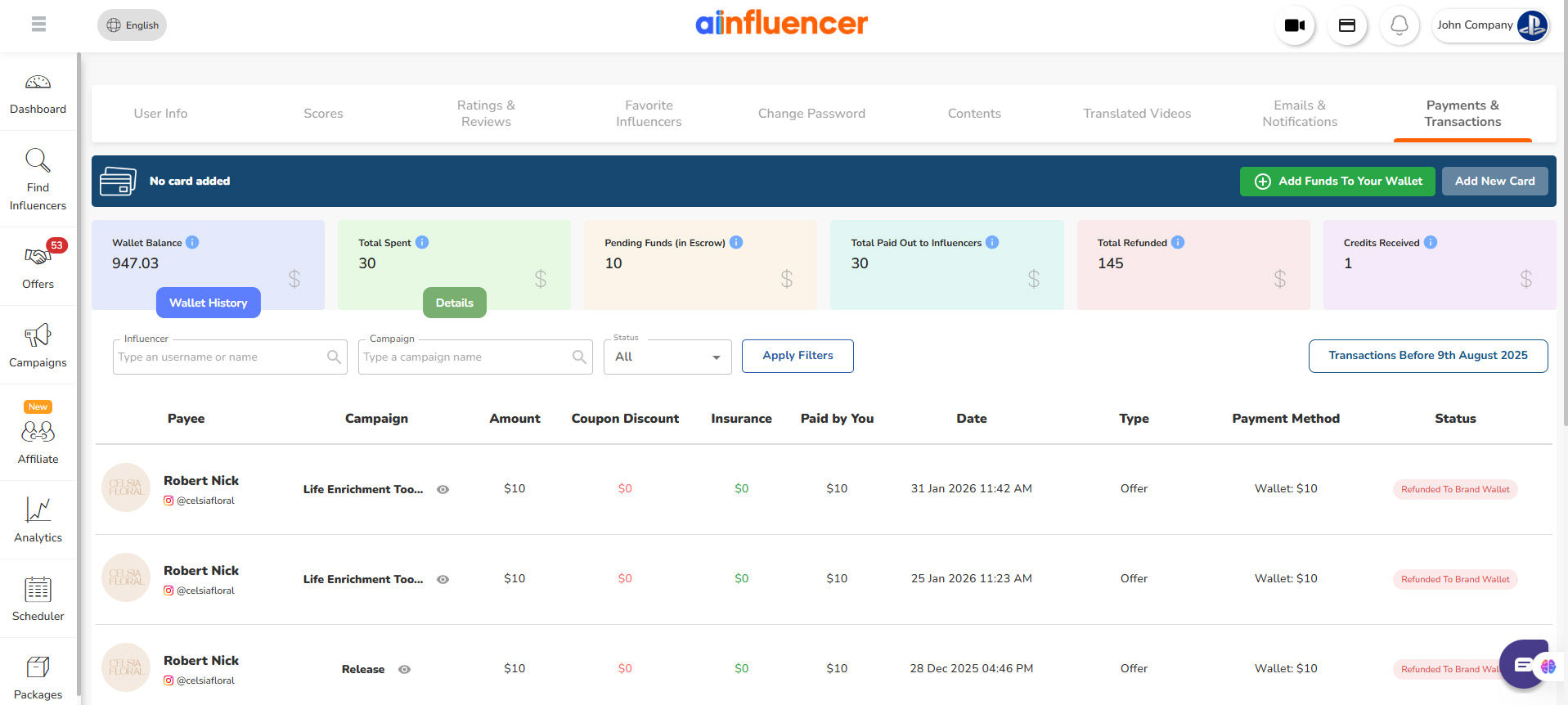 Individualized wallets for every client ensure clean accounting.
