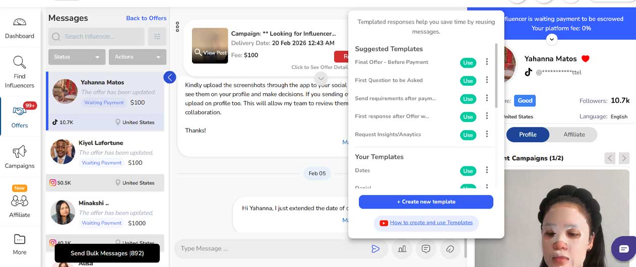 Message template feature inside Ainfluencer chat showing suggested and custom templates
