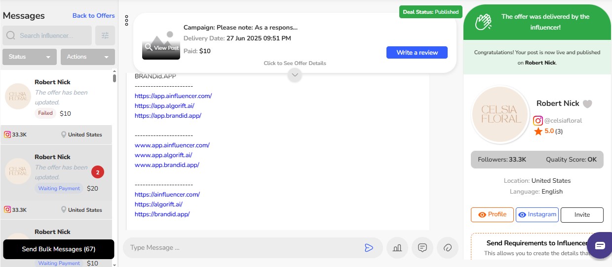 Full chat inbox with campaign thread, messages, and influencer profile sidebar