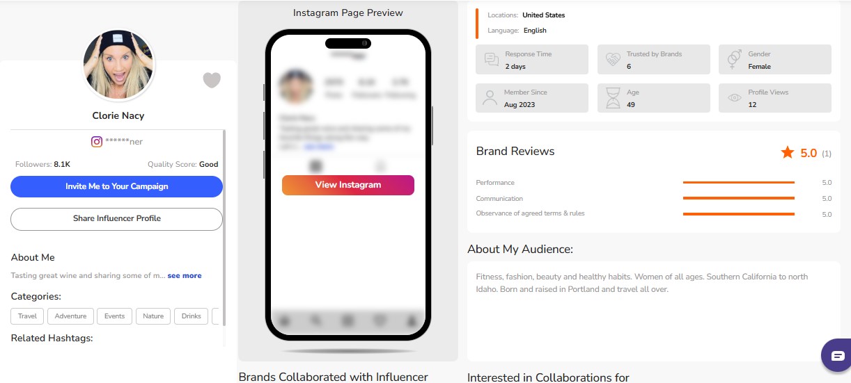 Detailed influencer profile view on Ainfluencer showing engagement stats, reviews, and audience data