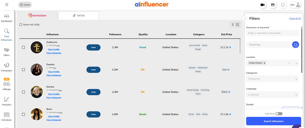 Influencer invitation card grid with Select buttons on Ainfluencer