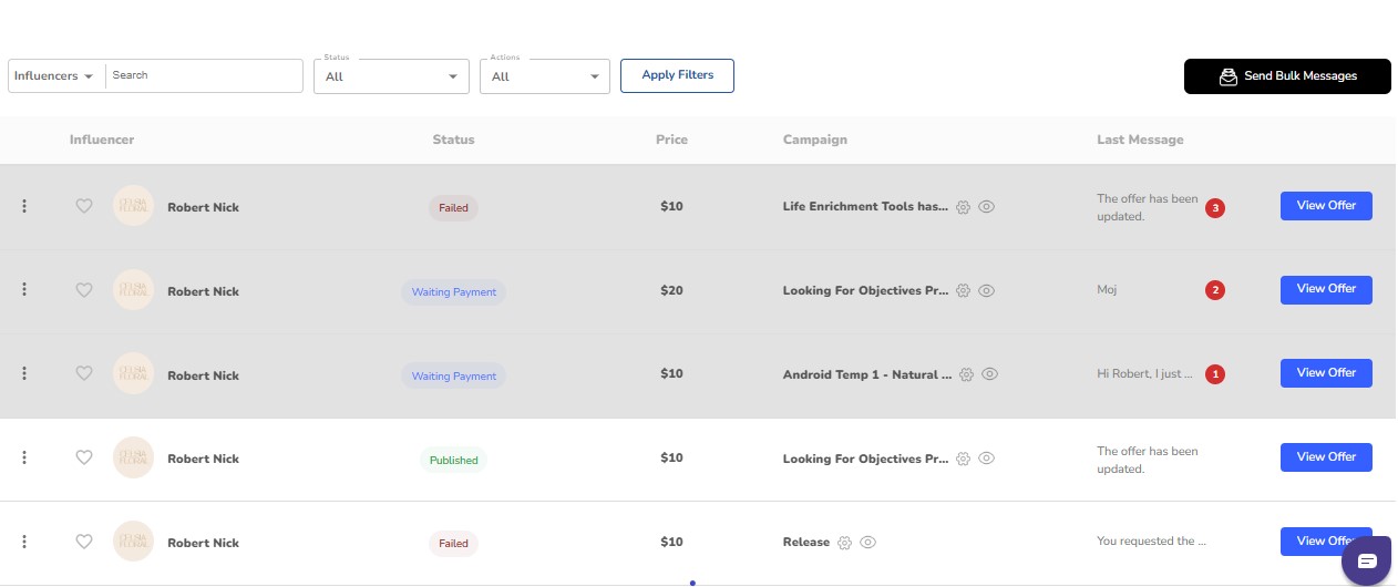 Offers management tab showing influencer statuses and campaigns on Ainfluencer