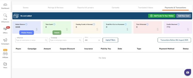 Ainfluencer escrow payment dashboard — payments and transactions