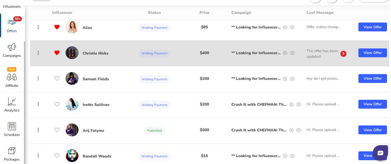 The Offer Screen for influencers showing payment and collaboration details