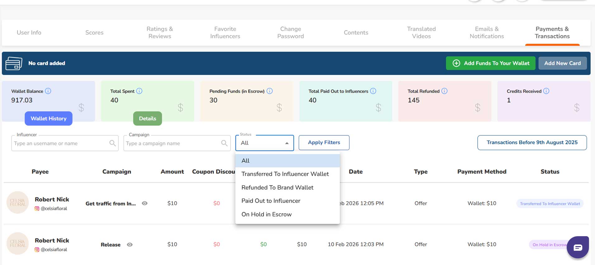 Ainfluencer Payments and Transactions dashboard showing wallet balance, pending escrow funds, total payouts, and transaction history