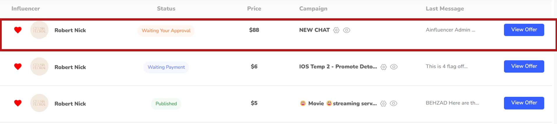 Ainfluencer Holding Trust System showing offer statuses — Waiting Your Approval, Waiting Payment, and Published