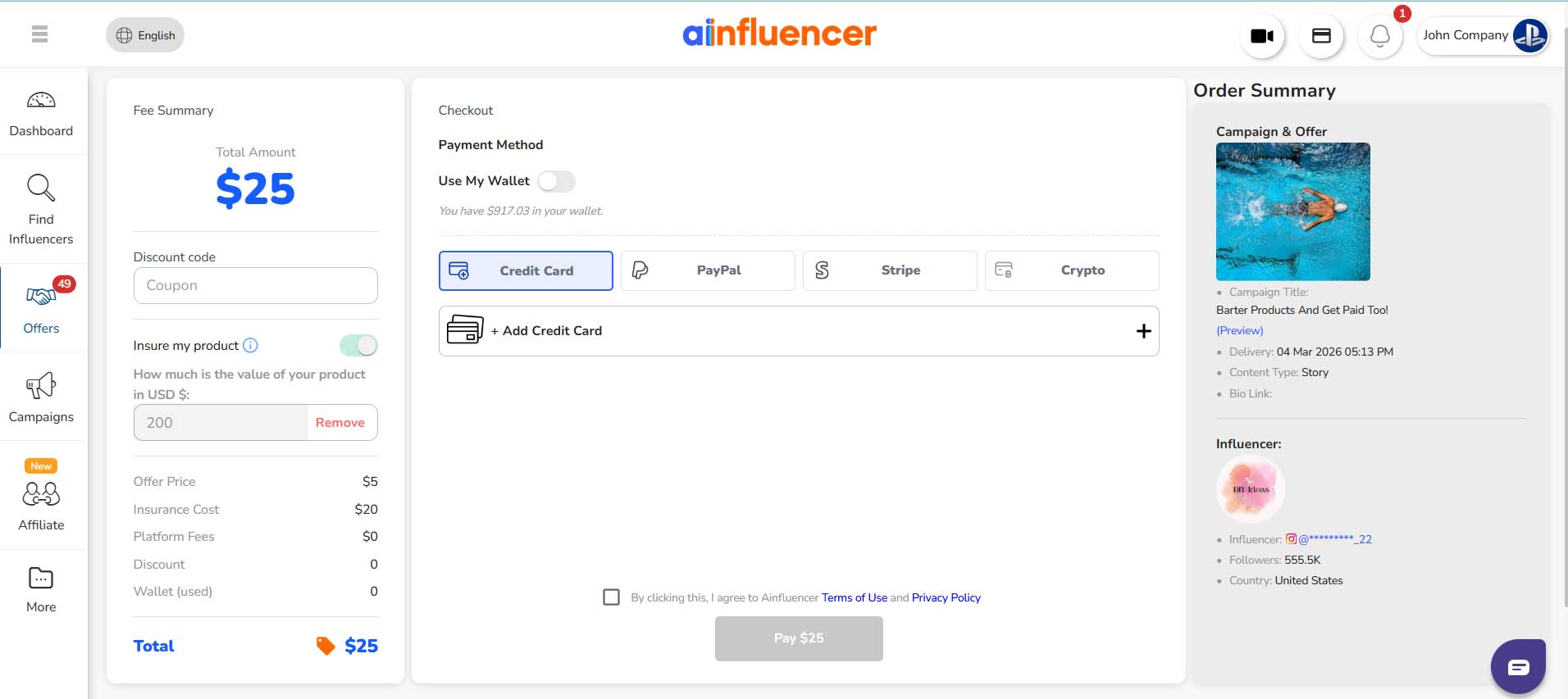 Ainfluencer checkout page showing multiple payment methods — Credit Card, PayPal, Stripe, and Crypto with Product Insurance toggle
