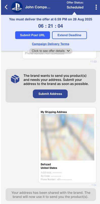Influencer mobile app showing address collection and shipping tracking details - address collection