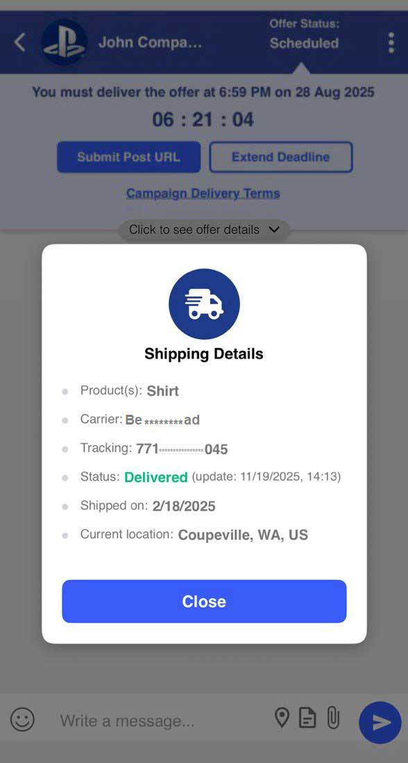 Influencer mobile app showing address collection and shipping tracking details - shipping tracking