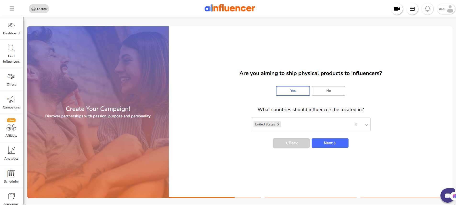 Campaign creation step showing the Physical Location toggle in Ainfluencer