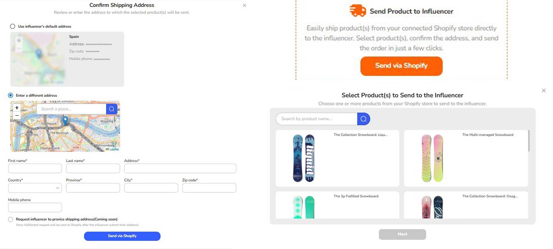 Shopify product picker and address collection view in Ainfluencer