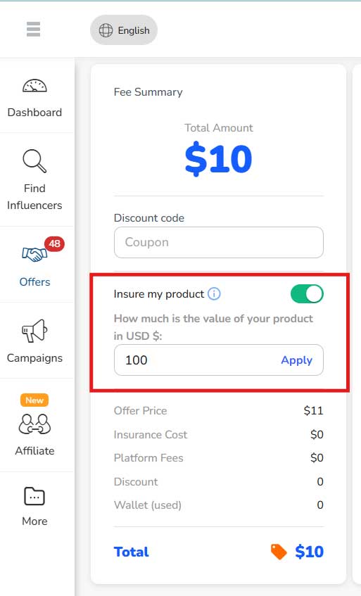 The checkout view showing the Insure my product toggle and the USD value input field