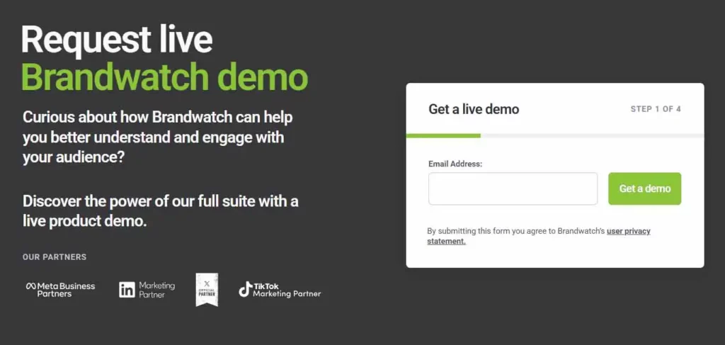 Request demo page for Brandwatch pricing