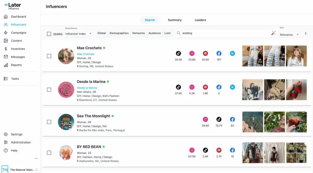 Later social - influencer search on Later platform