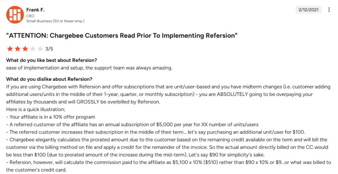 User review on integrating Refersion with Chargebee.