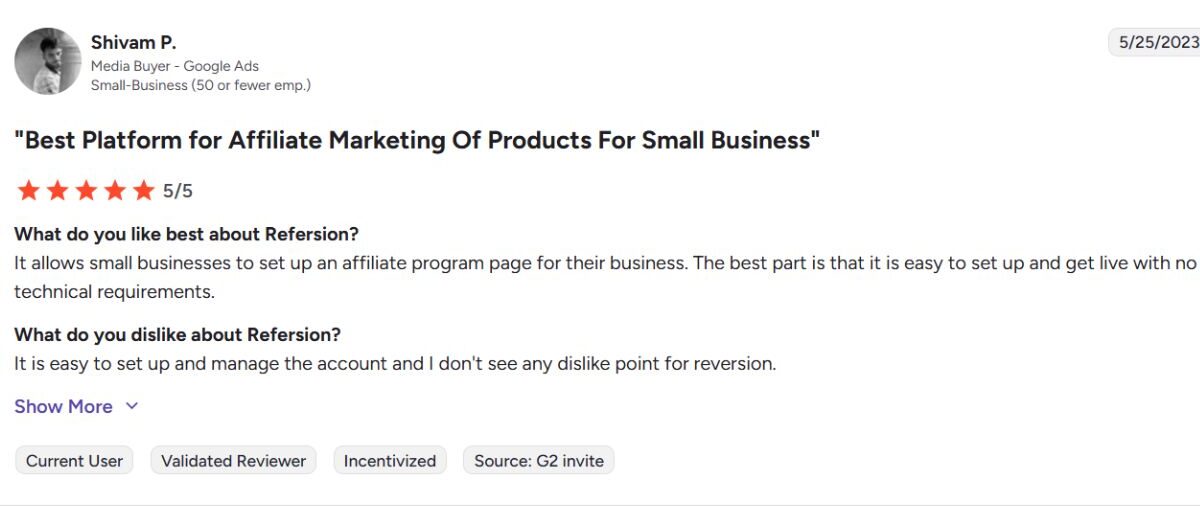 User review on Refersion Easy Setup