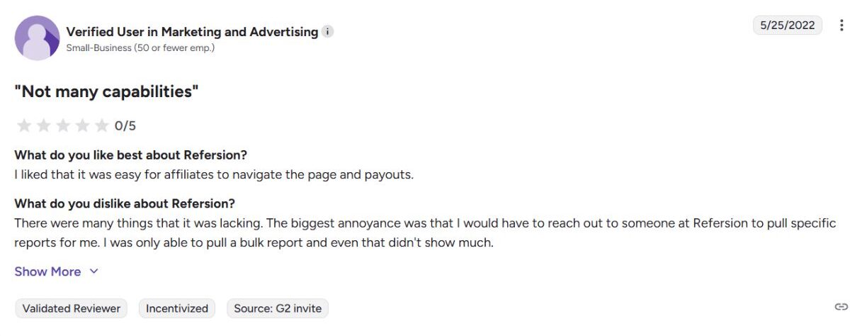 User review on Refersion Limited Reporting