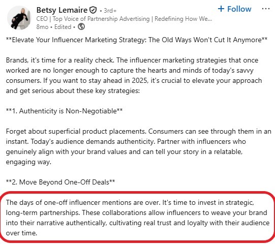 Betsy Lemaire LinkedIn post about brand ambassadorship