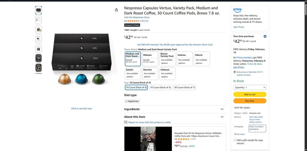 3. Nespresso Vertuo Coffee Pods