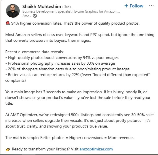 LinkedIn post about using high-quality images on Amazon