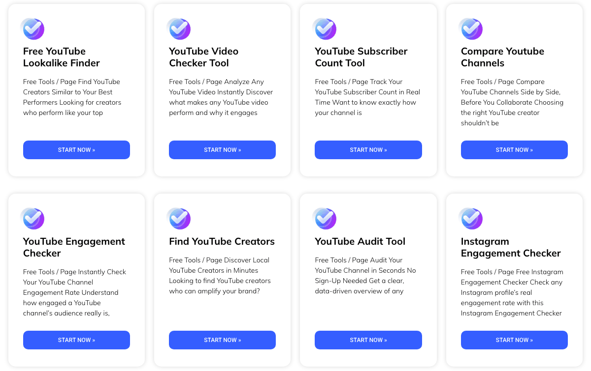 Eight of the seventeen free Ainfluencer tools, including the YouTube audit tool and Instagram engagement checker