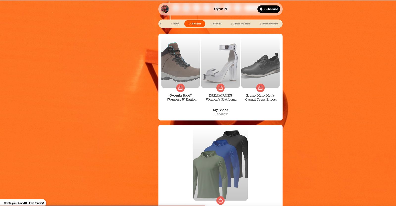 Live desktop view of a brandID creator storefront showing a fitness affiliate product collection — what followers see when they land on the page