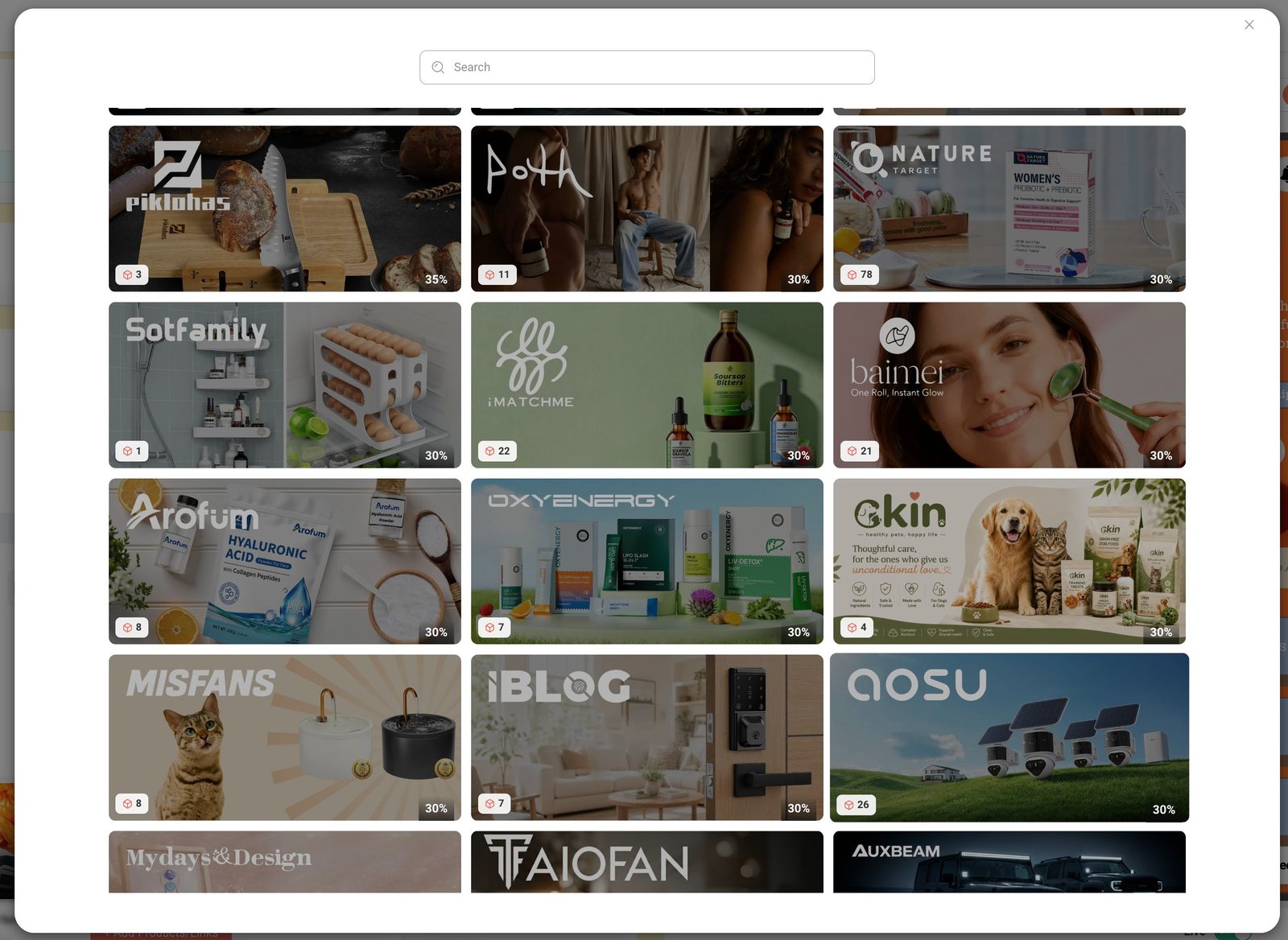 brandID discover and add affiliate products modal with search by products brands link and AI assist options