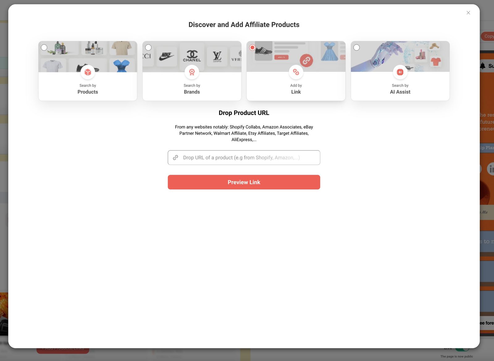 brandID product search results showing cosmetic products with 10% commission rates and add buttons