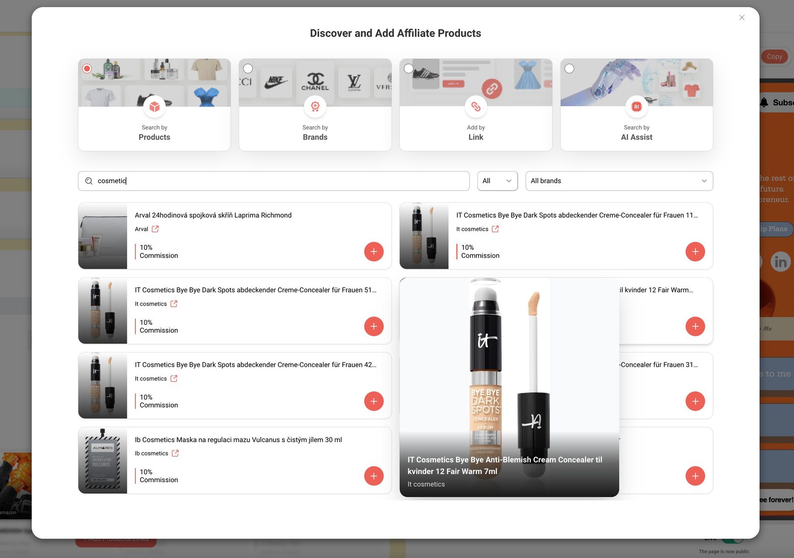 brandID brand discovery marketplace showing brands with commission percentages like 99%, 50%, 40% for creators to browse