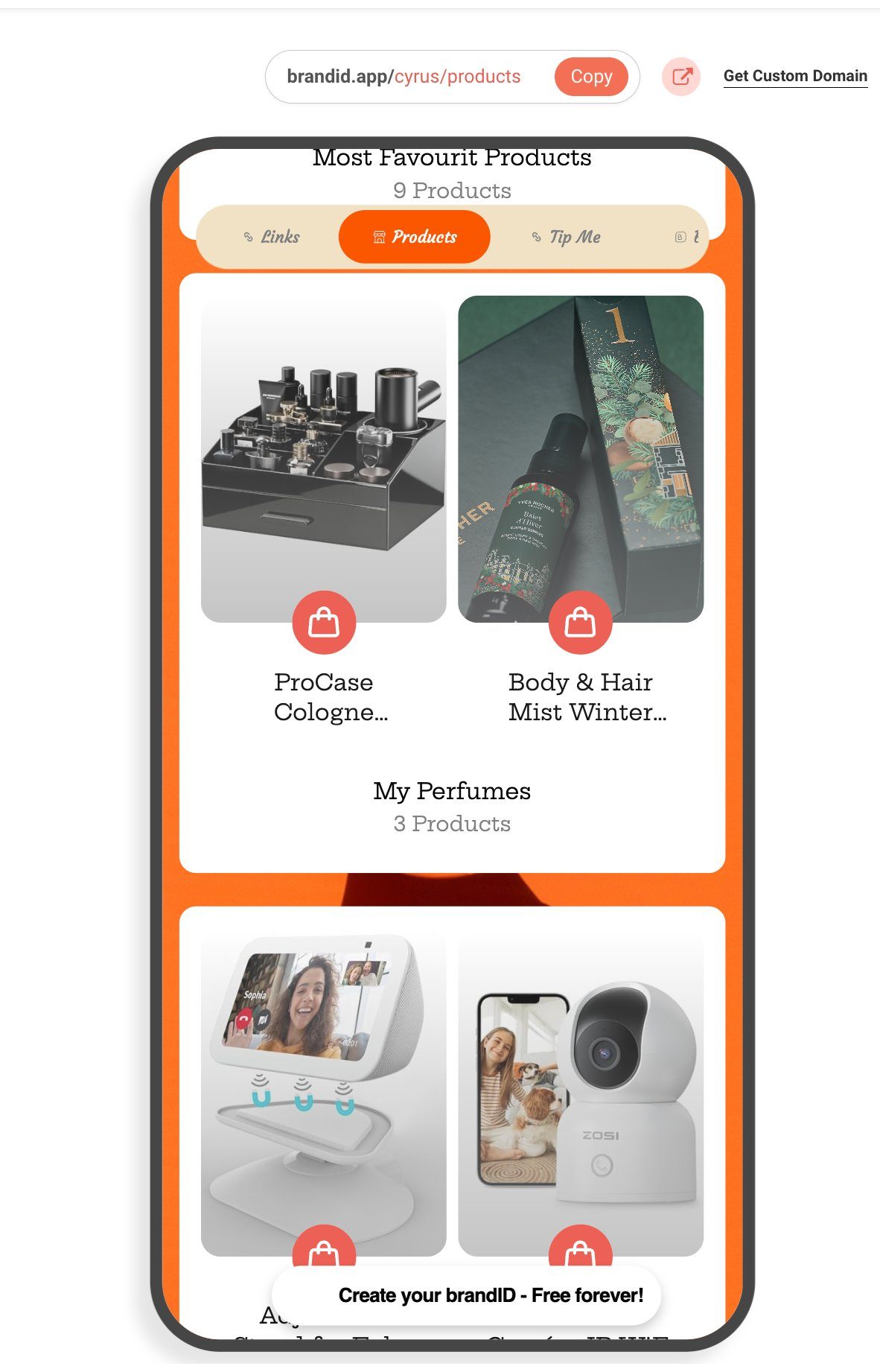 Mobile view of Cyrus's live brandID creator storefront at brandid.app/cyrus/products — showing curated affiliate product collections including My Perfumes and home tech products