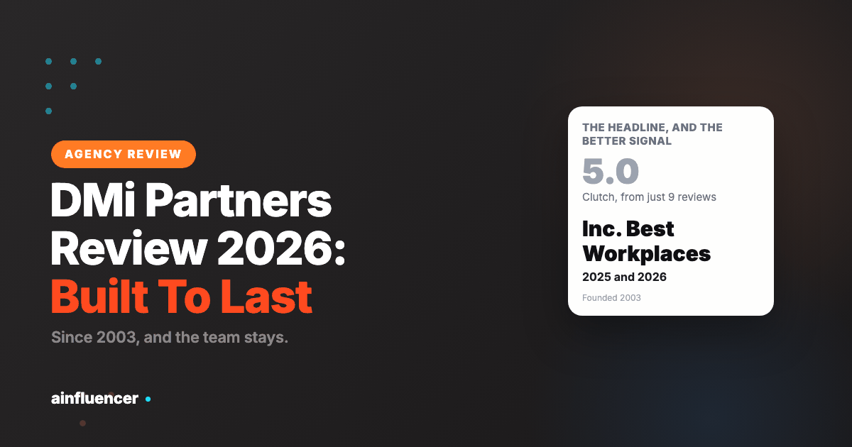 DMi Partners review 2026 showing a 5.0 Clutch rating from nine reviews and two Inc Best Workplaces awards